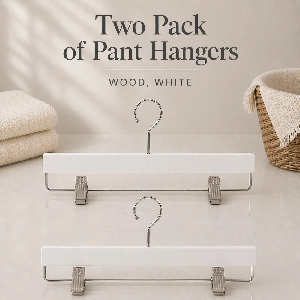 Two Pack White Wood Pant Hangers with Adjustable Metal Clips and Swivel Hook